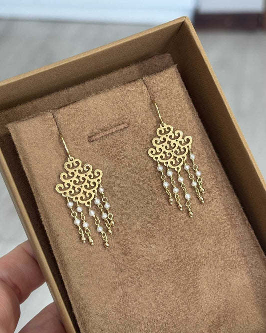 Brinco Chandelier Pérolas Ouro 18k na embalagem