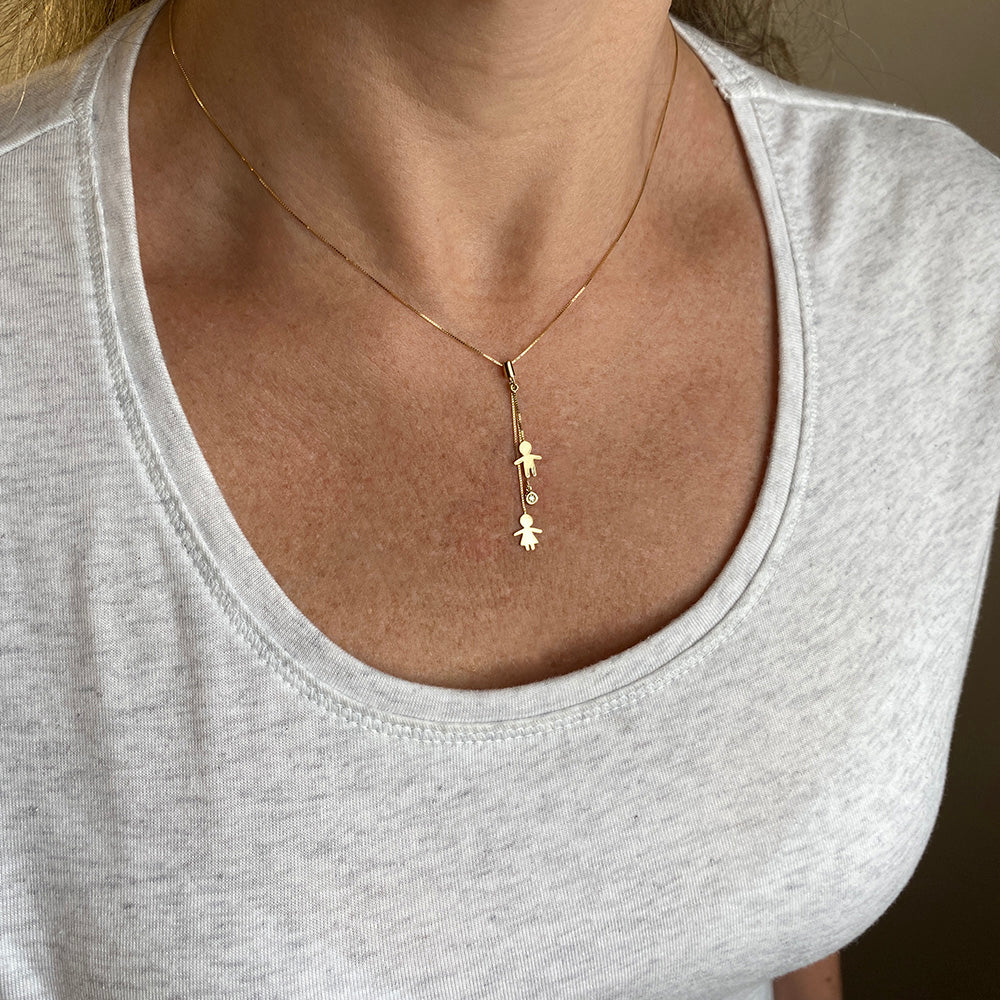 Colar Família Casal Filhos Ponto de Luz Diamante Ouro 18k