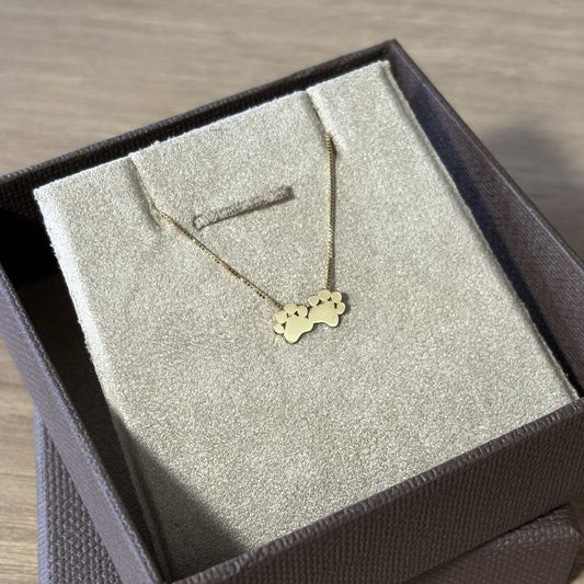 Colar duas Patinha Ouro 18k no estojo de joia com luz natural