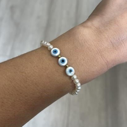 Pulseirinha de Pérolas Olho Grego Ouro 18k