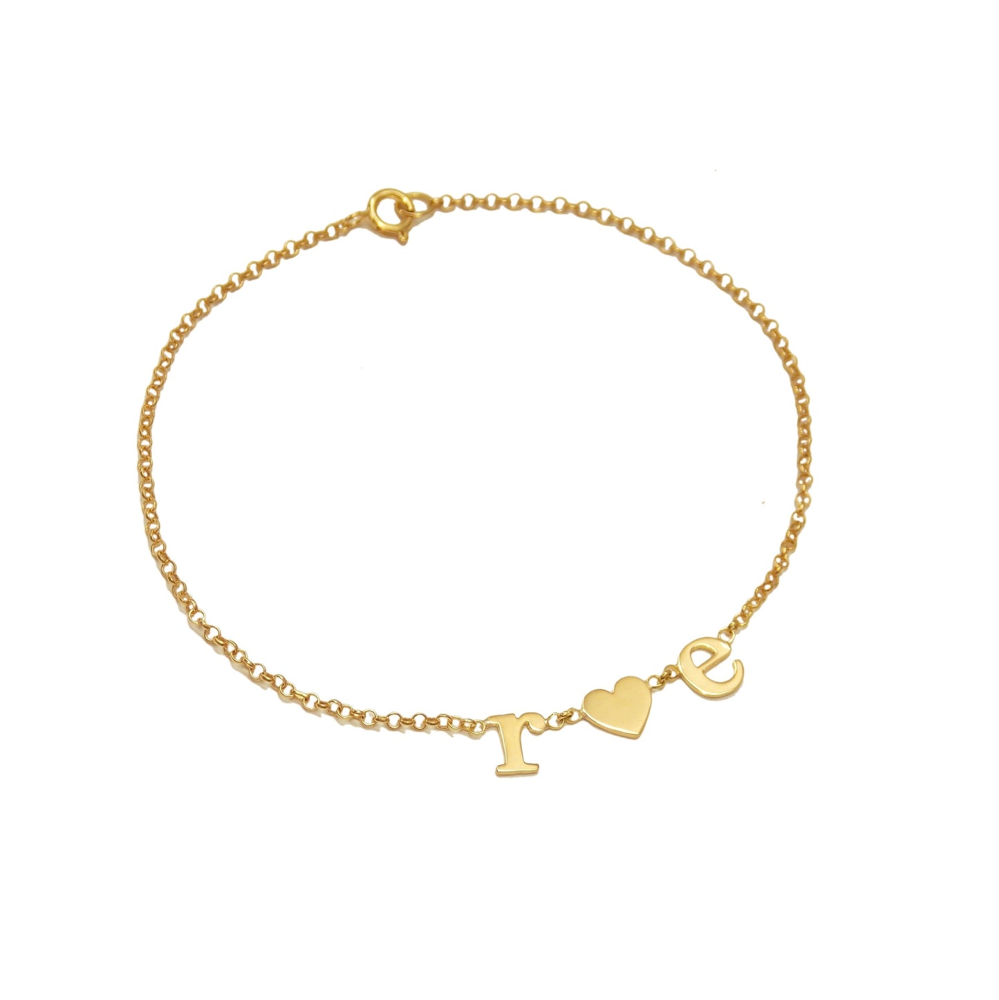 Pulseira de Ouro 18k Letras e Coração em fundo branco