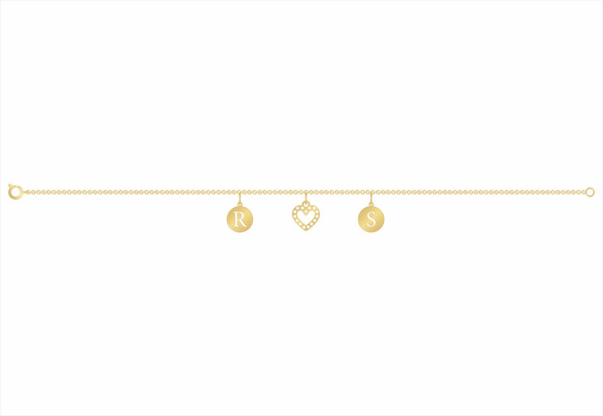 Pulseira de Ouro 18k 2 Medalhas com Letras e 1 Coração Cravejado