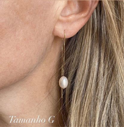 Brinco Gancho Correntes e Pérola Ouro 18k