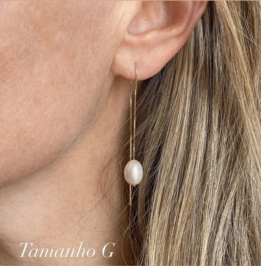 Brinco Gancho Correntes e Pérola Ouro 18k