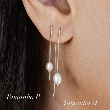 Brinco Gancho Correntes e Pérola Ouro 18k