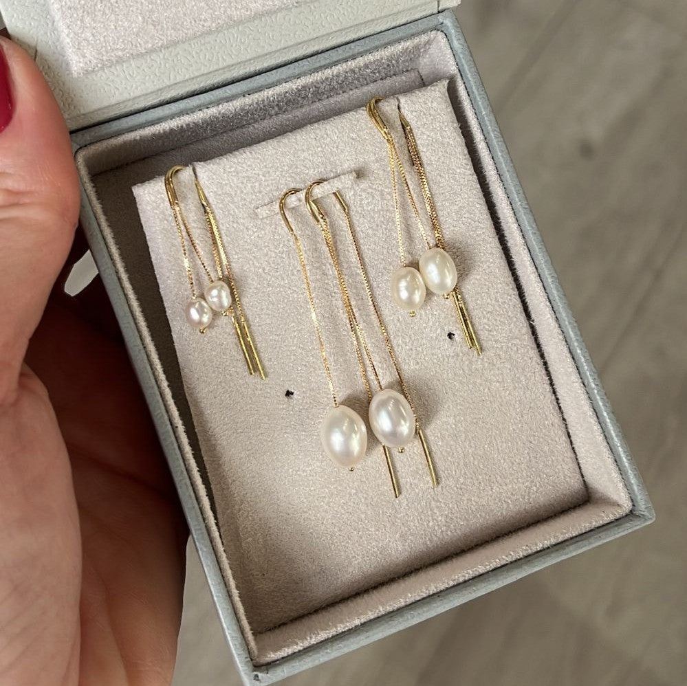 Brinco Gancho Correntes e Pérola Ouro 18k