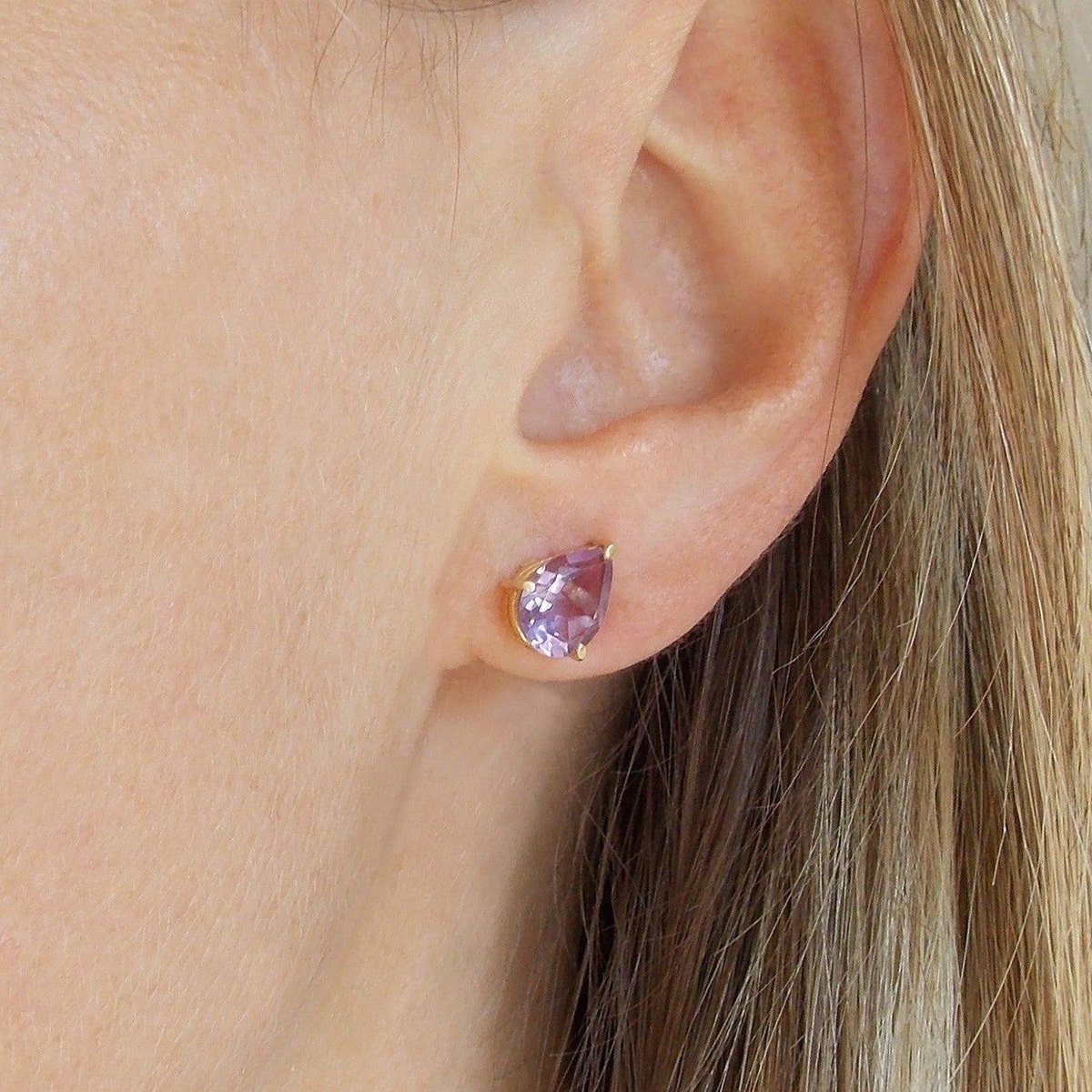 Brinco Solitário Gota Ametista Ouro 18k