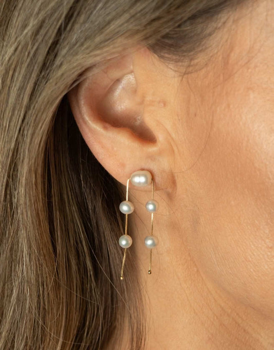 Brinco ouro 18k 5 perolas na orelha feminina