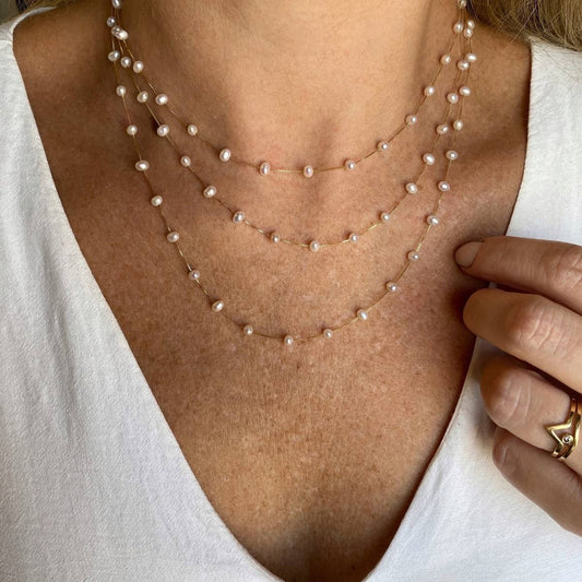 Colar 3 Voltas Pérolas Pequenas Ouro 18k