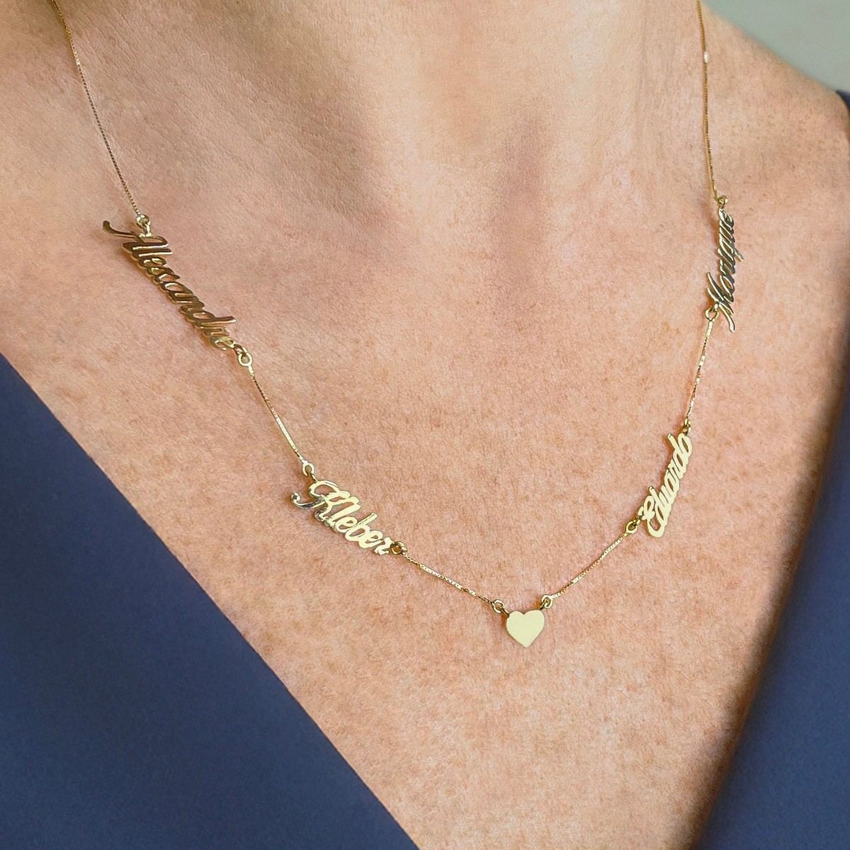 Colar 4 Nomes Coração Ouro 18k