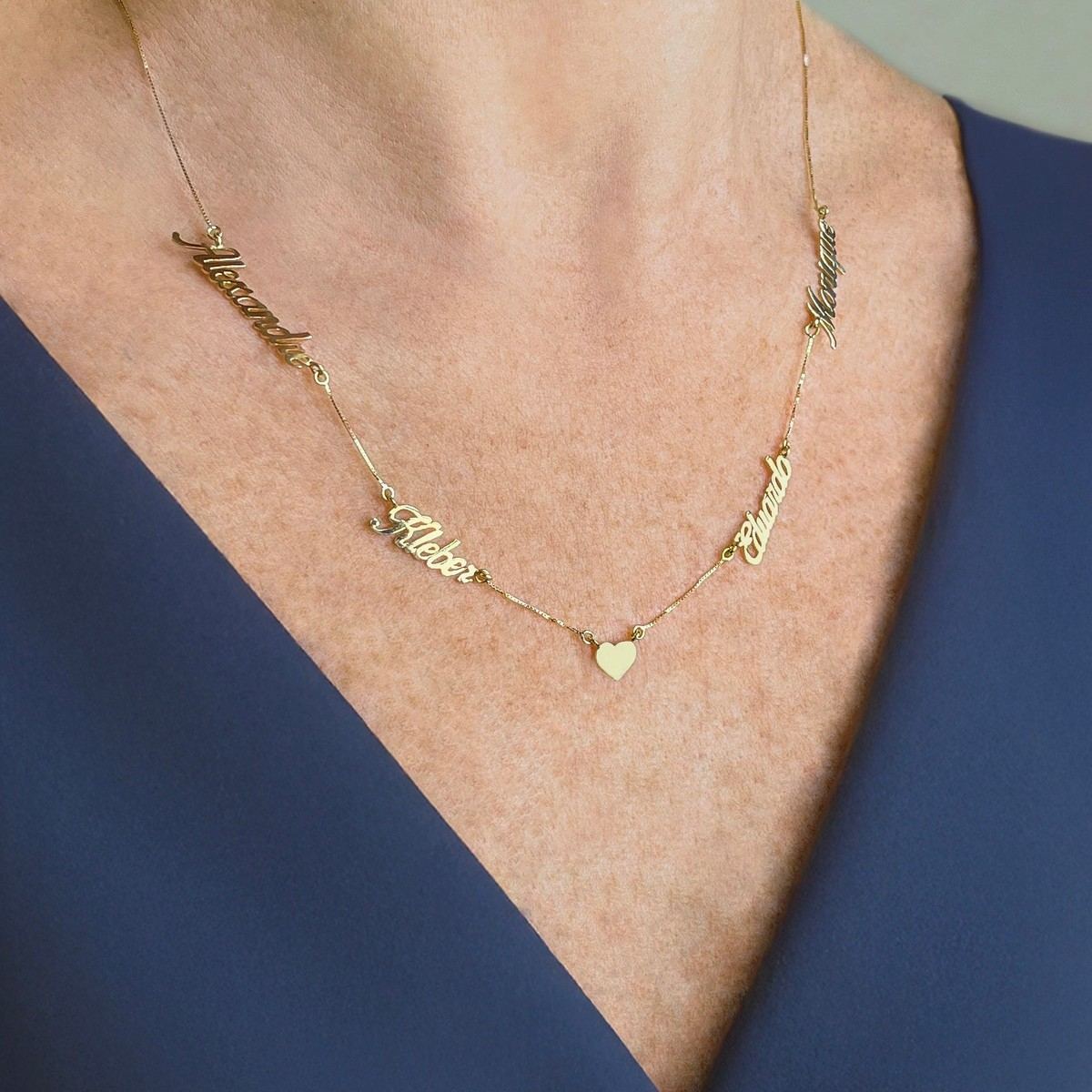 Colar 4 Nomes Coração Ouro 18k