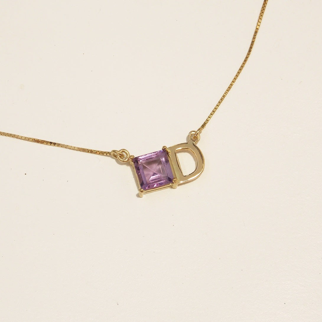Colar Ametista e Letra Ouro 18k