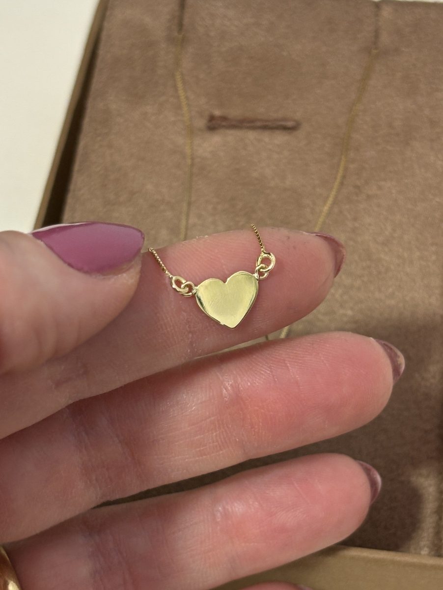 Colar Coração 8mm Ouro 18k segurando no estojo de joia