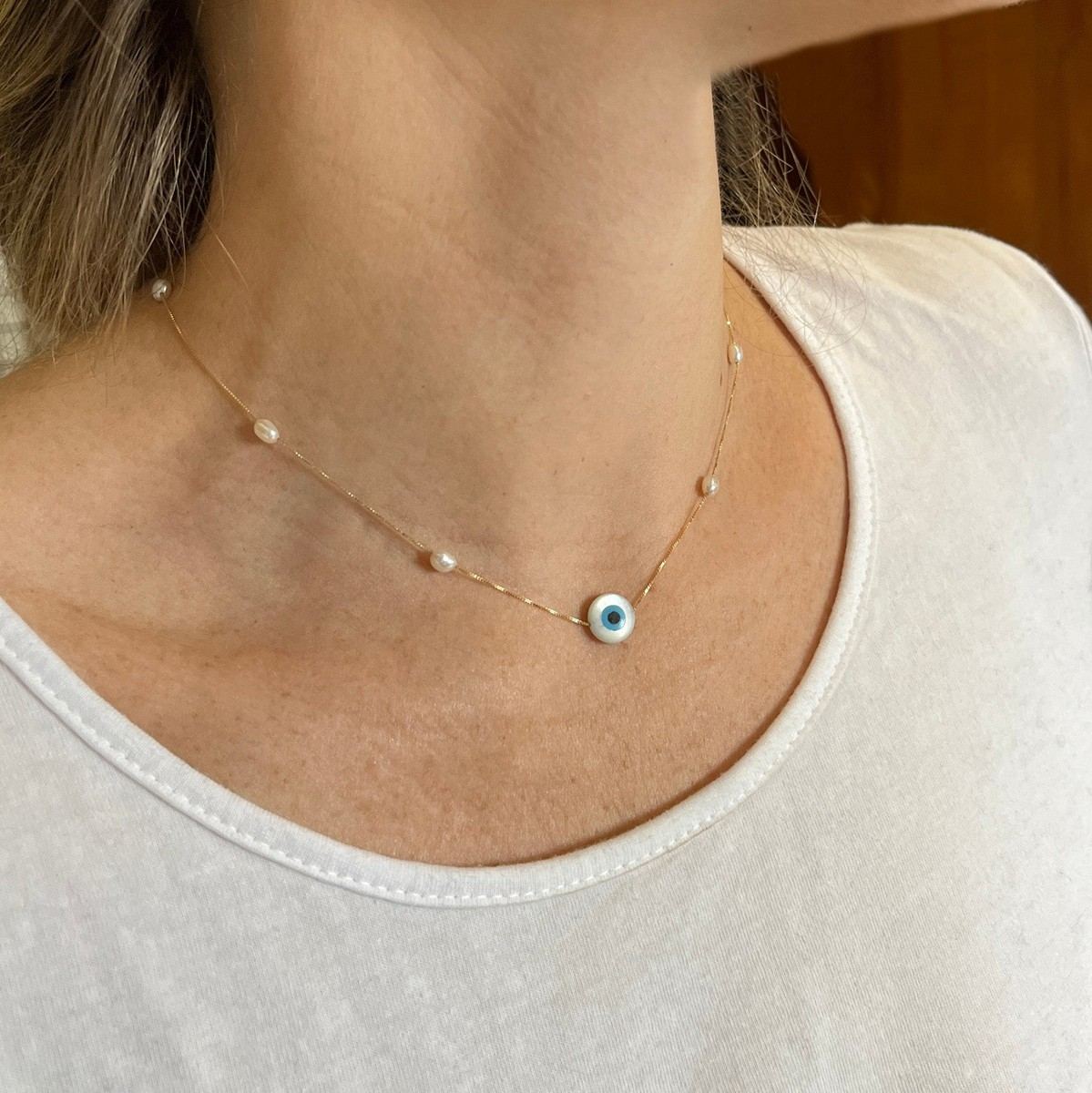 Colar Pérolas Olho Grego Ouro 18k