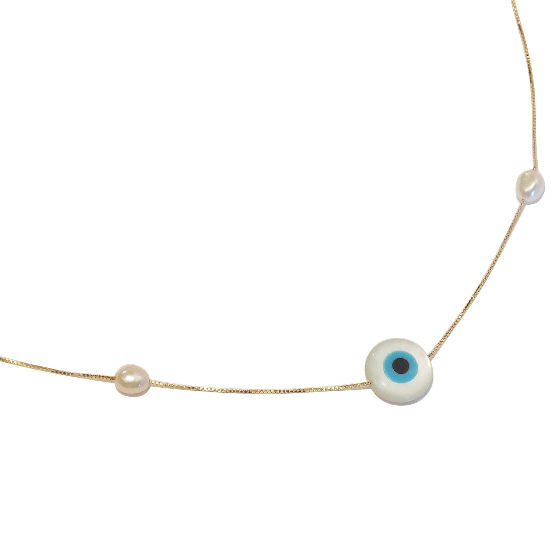 Colar Pérolas Olho Grego Ouro 18k