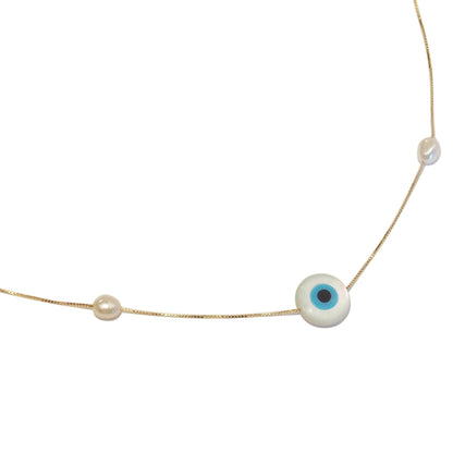 Colar Pérolas Olho Grego Ouro 18k