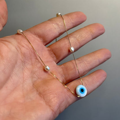 Colar Pérolas Olho Grego Ouro 18k