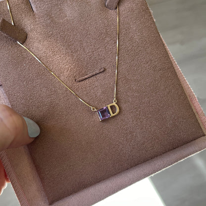 Colar Ametista e Letra Ouro 18k