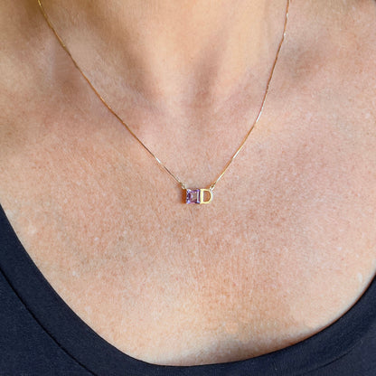 Colar Ametista e Letra Ouro 18k