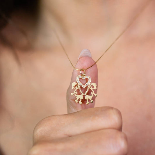 Pingente Casal Filhos Coração Brilhantes Ouro 18k