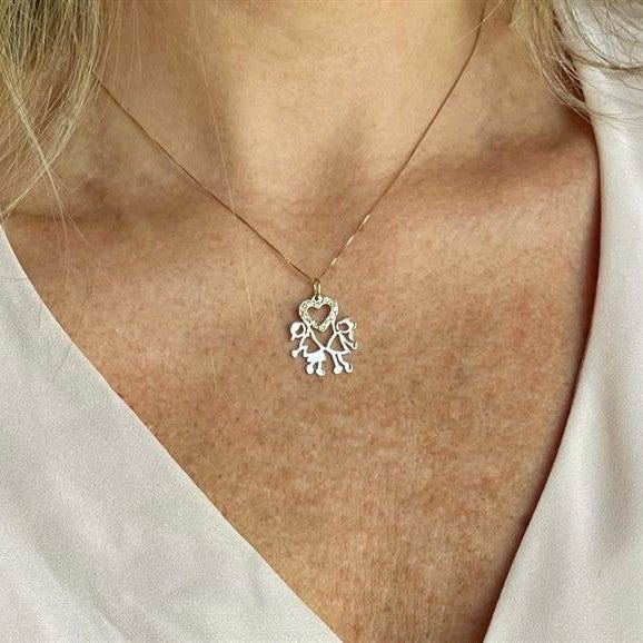 Pingente Casal Filhos Coração Brilhantes Ouro 18k