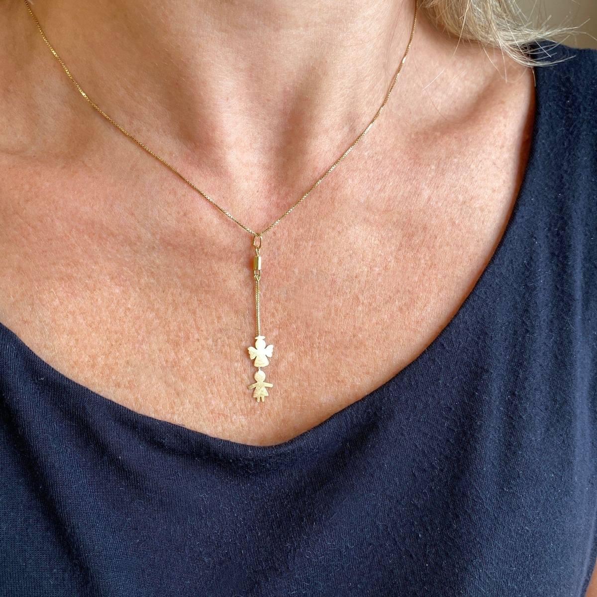 Pingente Família Menina e Anjo Ouro 18k