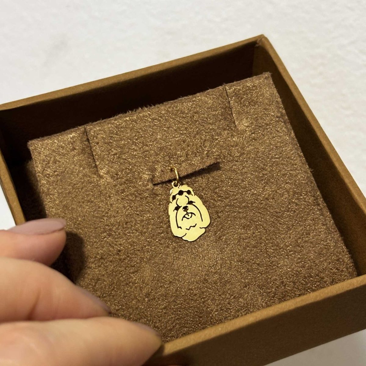 Pingente Shih Tzu coroa ouro 18k na embalagem